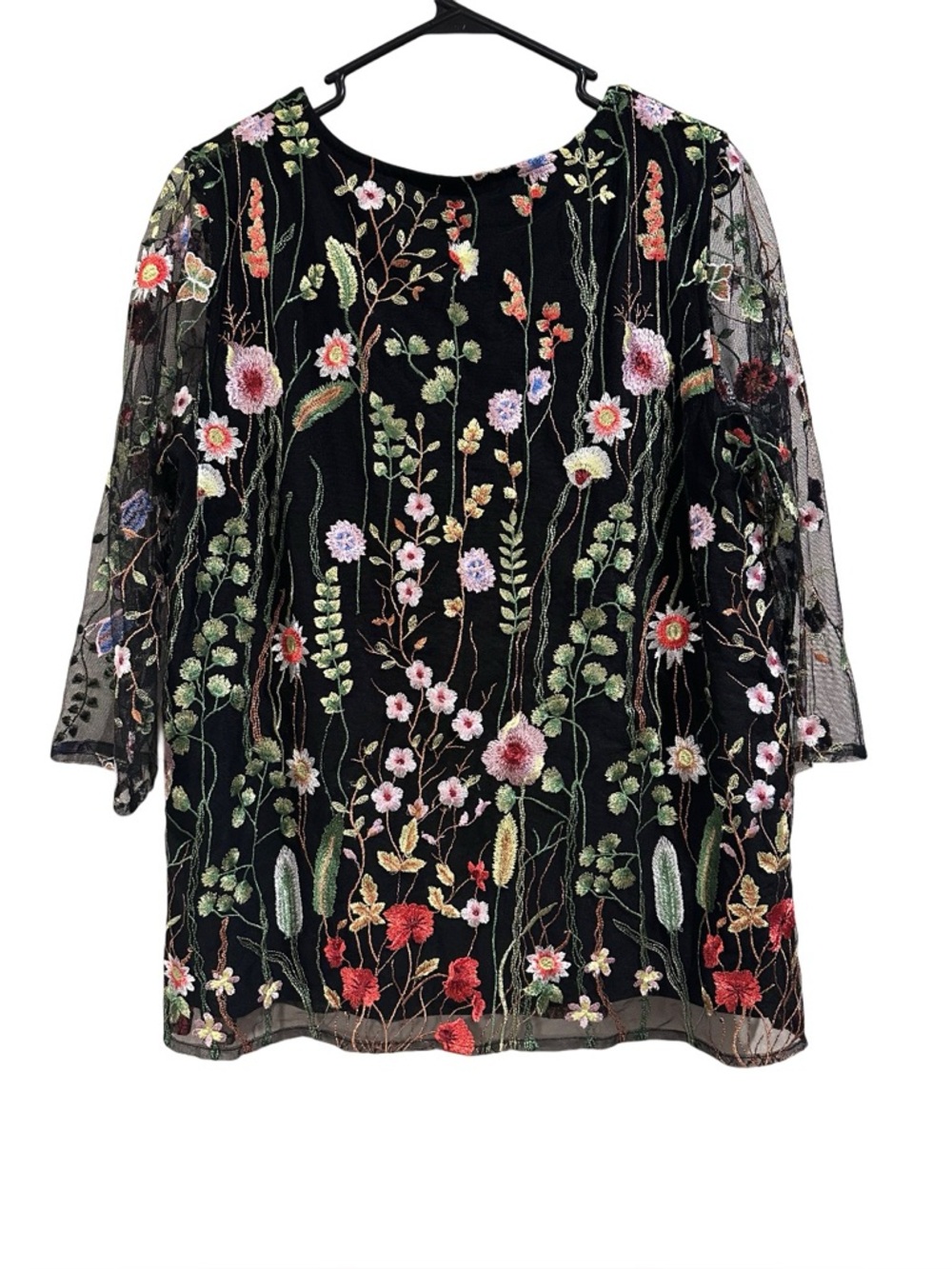 Caroline Rose Garden Walk Embroidered Tunic, sheer 3/4 sleeves black multi-color - Picture 3 of 16